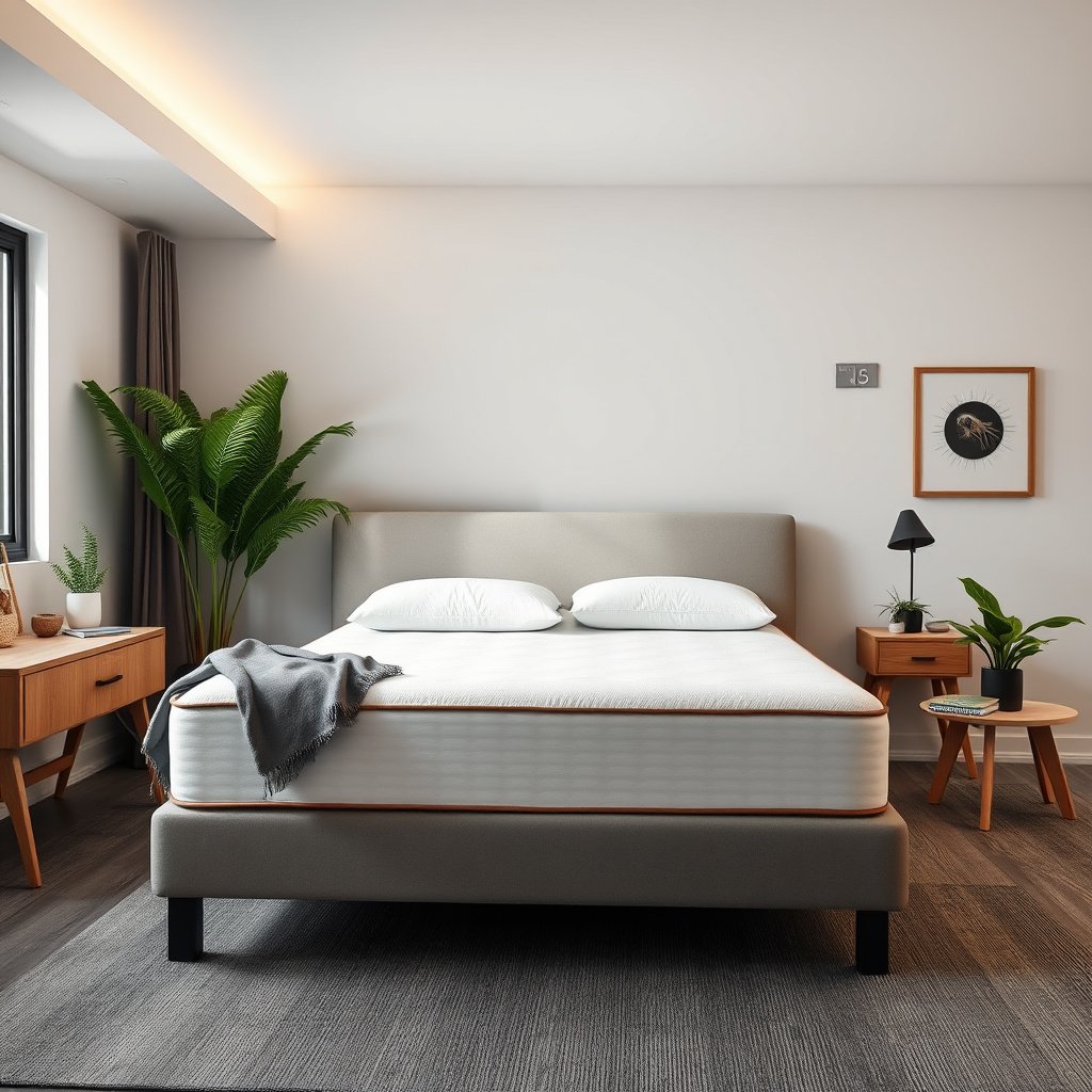 A protective mattress encasement for preventing dust mites on a latex mattress in a small apartment.