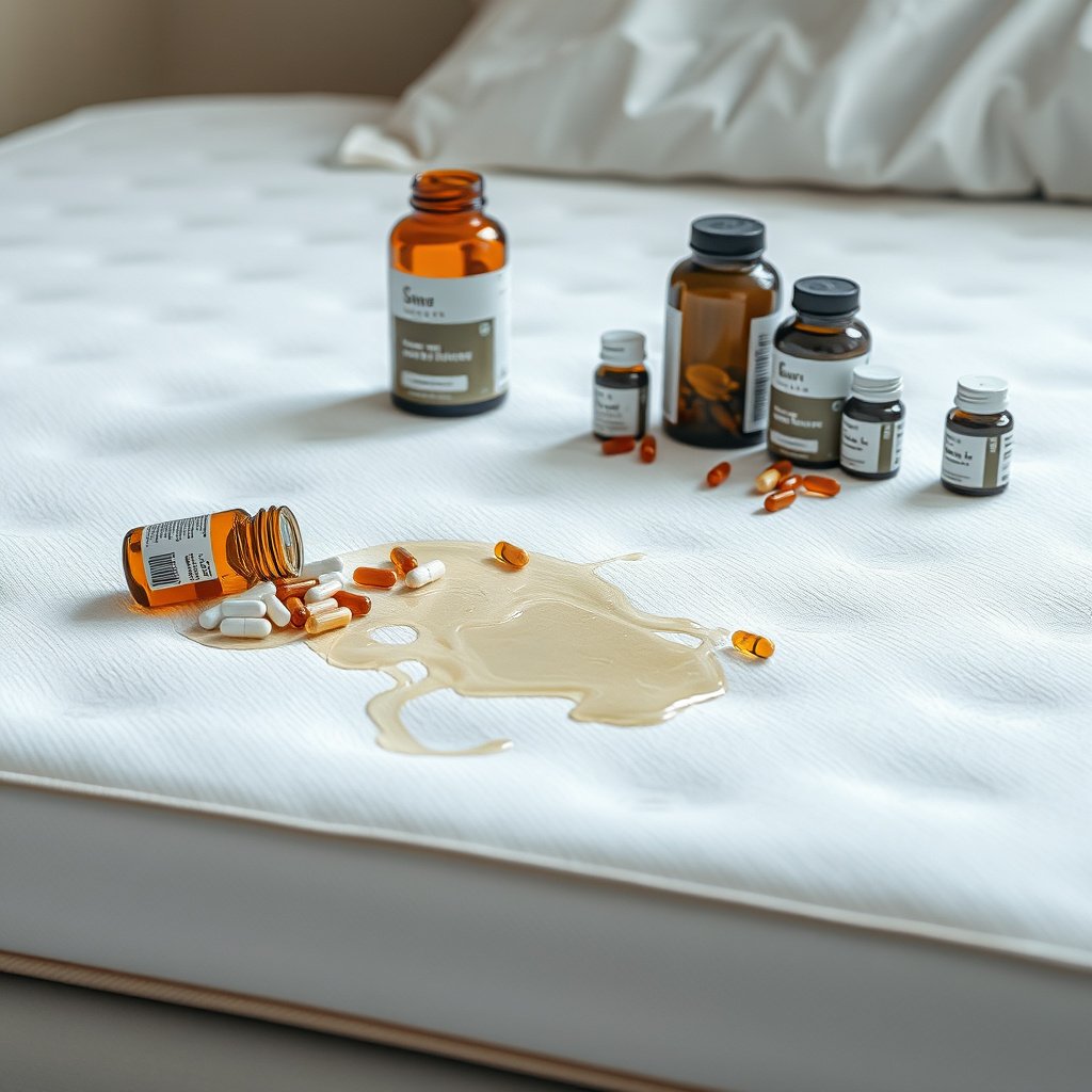 Stripped bedding and tools for cleaning a memory foam mattress with sweat spills