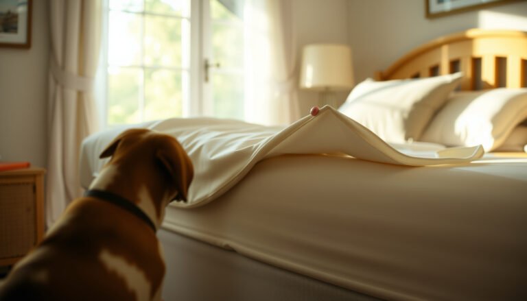 A cotton mattress protected from pet hair in a vacation home setting