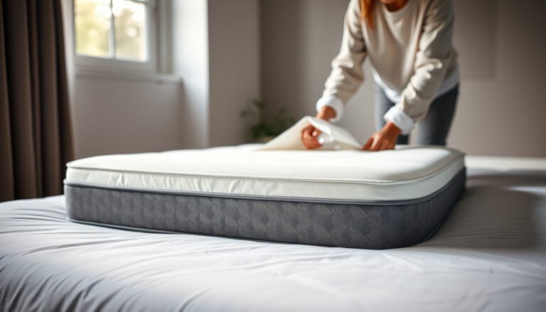 A gel-infused mattress covered with a protective layer to keep pet hair off during renovation.