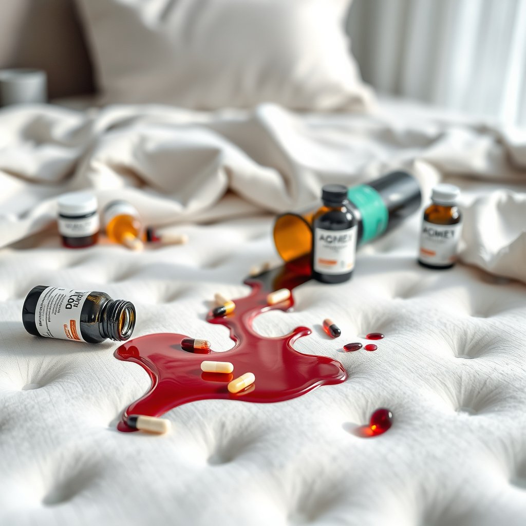 A person placing a towel on a memory foam mattress to absorb wine spills and protect the surface.