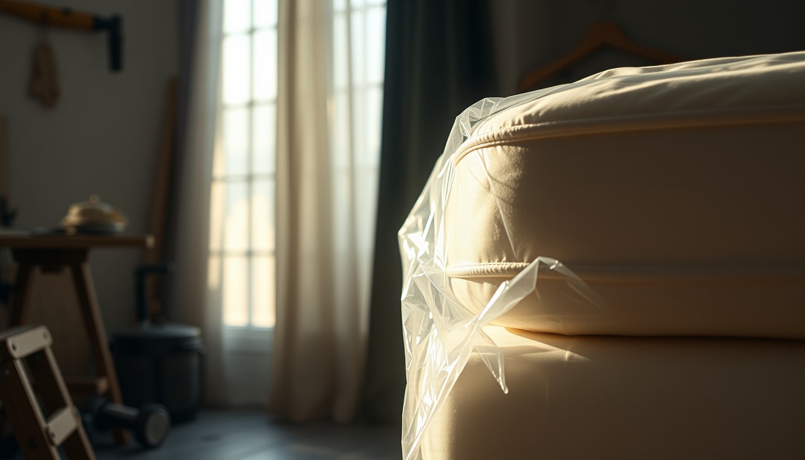 A cotton mattress covered with protective material to prevent spills during home renovation.