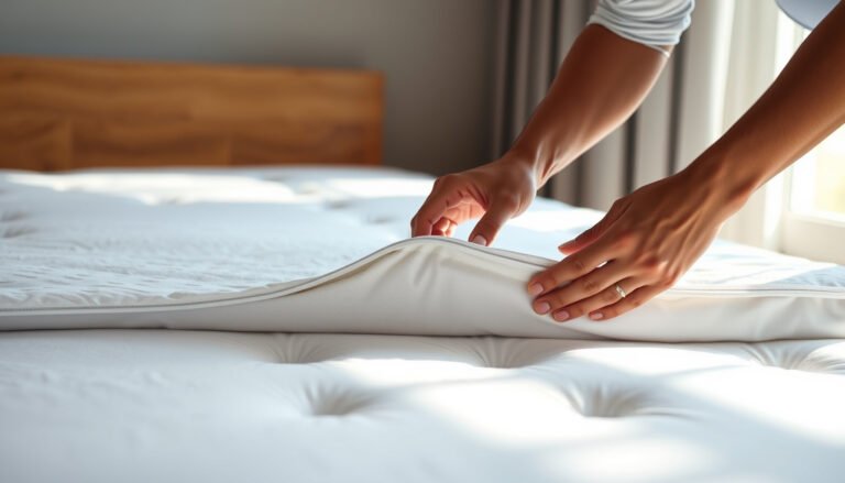 A cotton mattress in a guest room, protected from allergens with a hypoallergenic cover.