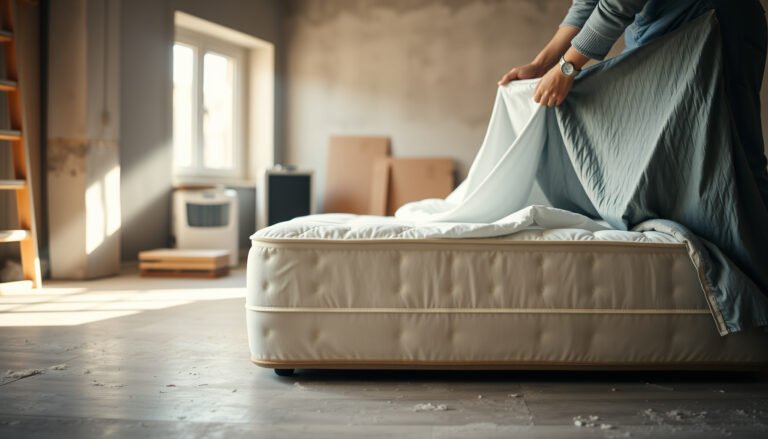 A cotton mattress covered to prevent mold during home renovation.
