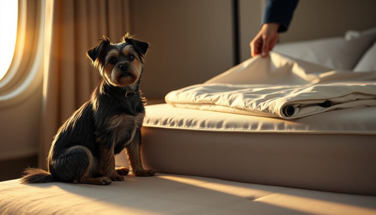 A cotton mattress covered to protect against pet hair during travel, showcasing effective travel tips.