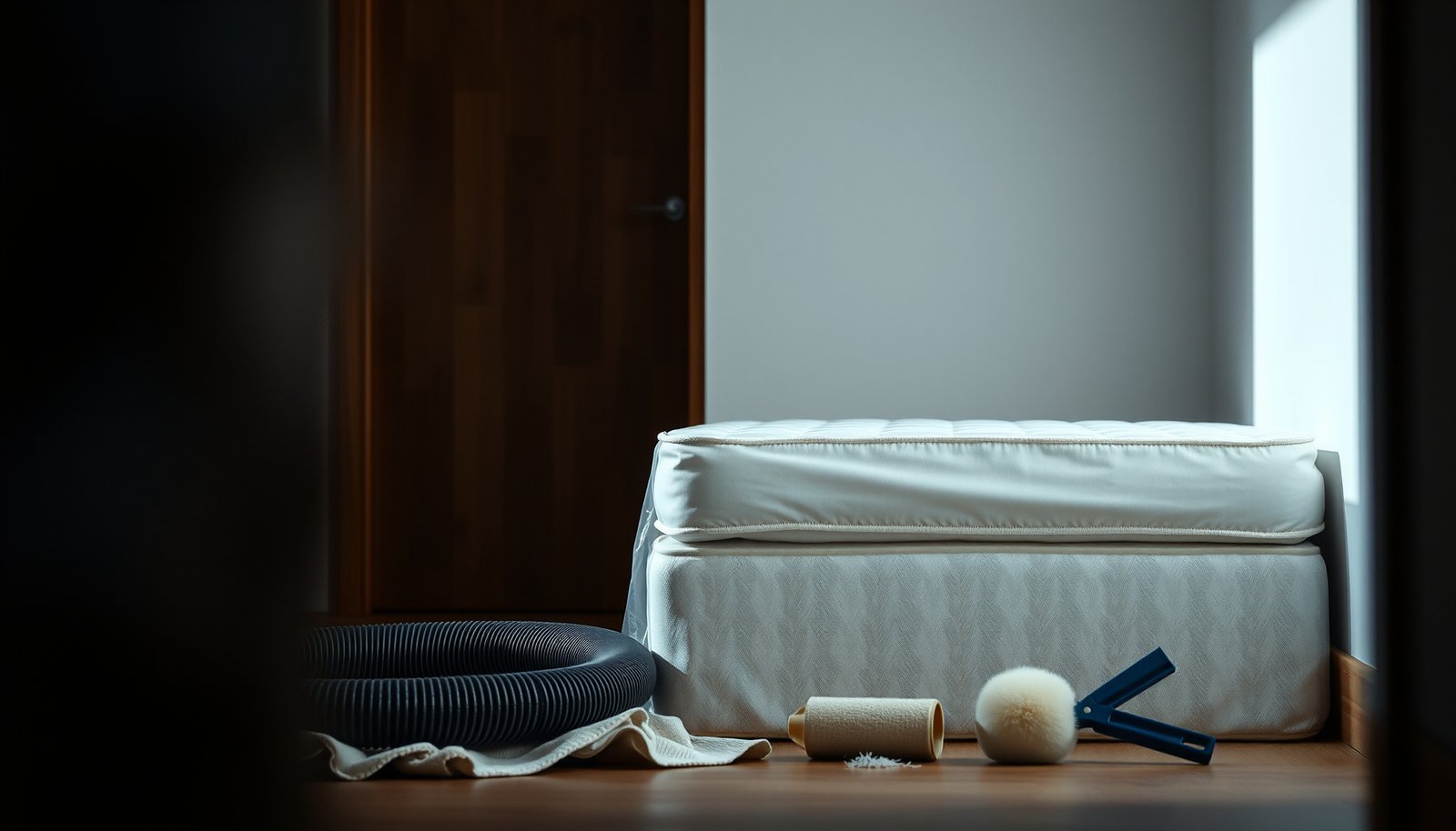 Cotton mattress covered to prevent pet hair during storage with protective materials.