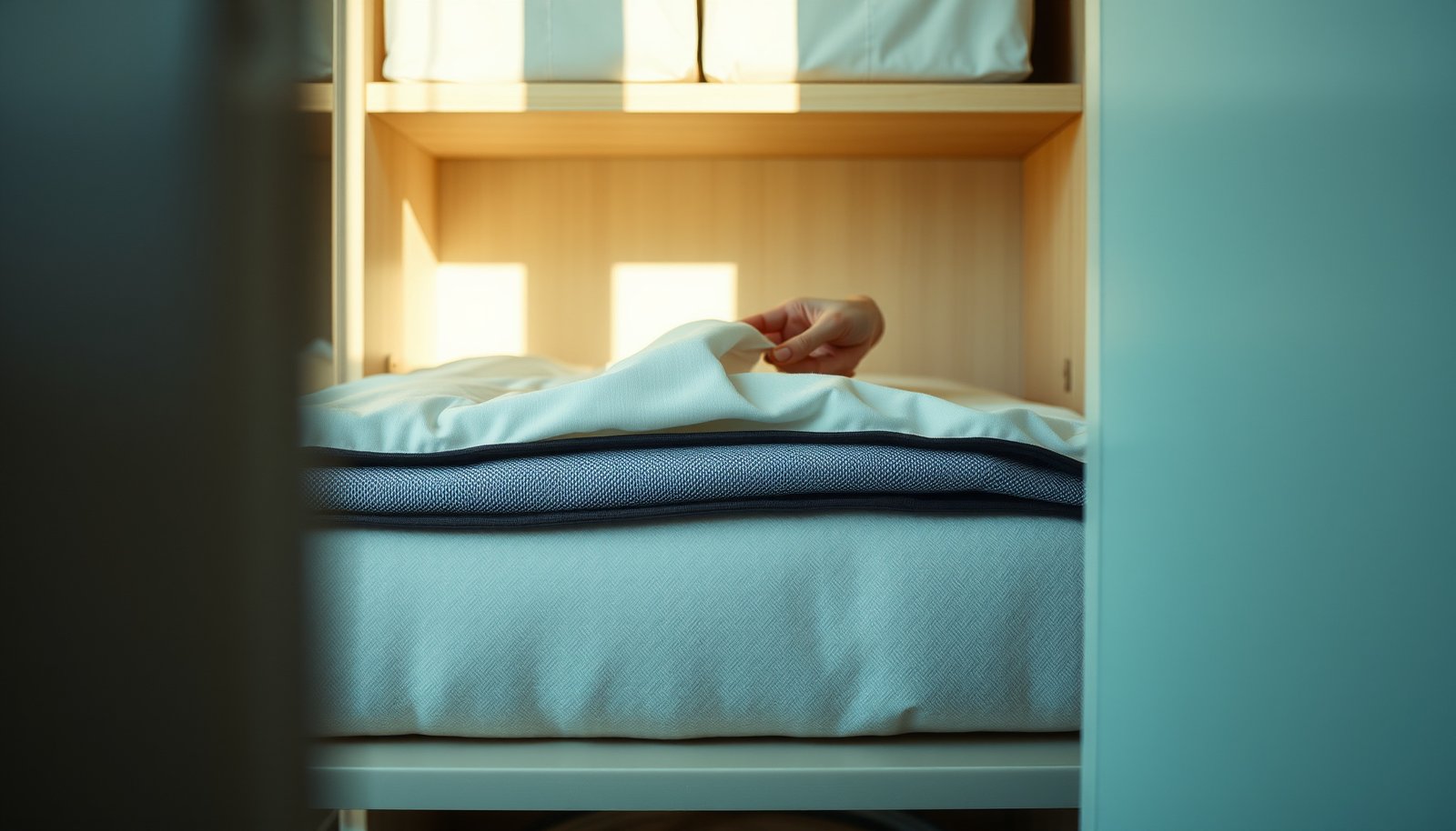 A cotton mattress covered to protect against pet dander during storage.
