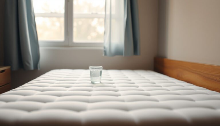 A cotton mattress covered with a waterproof protector to prevent spills in a dorm room.