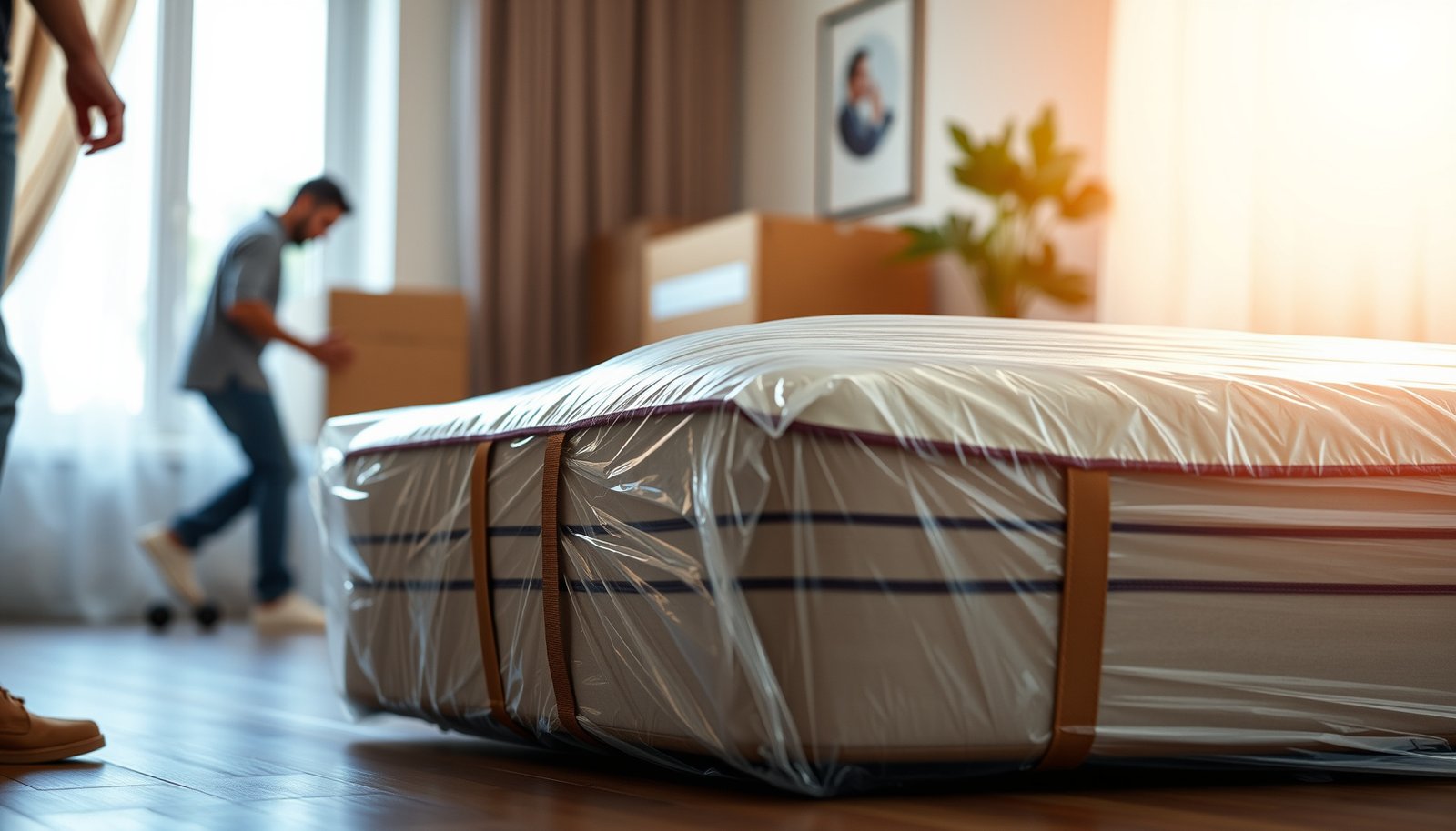 A latex mattress being protected from spills with a waterproof cover during a move.