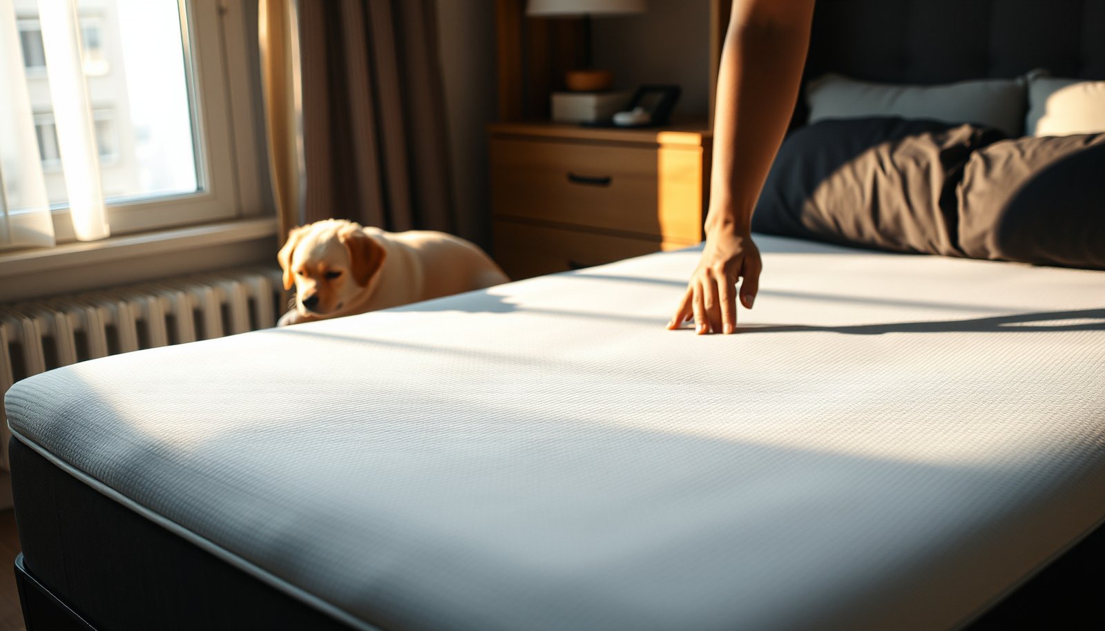 A latex mattress protected from pet dander in a cozy small bedroom setting.