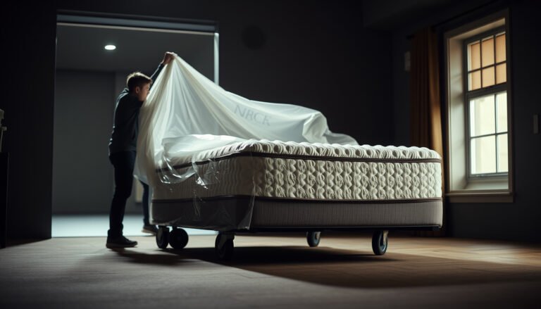 A wool mattress covered with protective materials to prevent spills during a move.