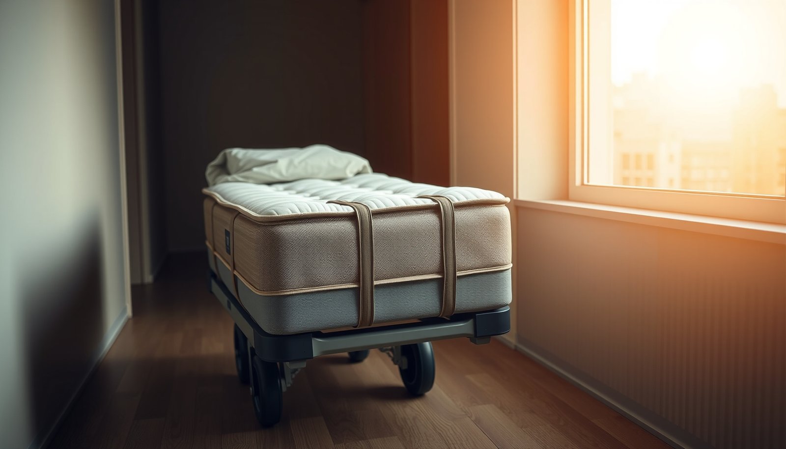 A wool mattress being covered with protective material to prevent dust during a move.