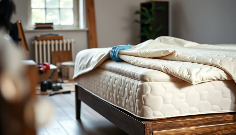 A wool mattress covered to protect against allergens during home renovation.