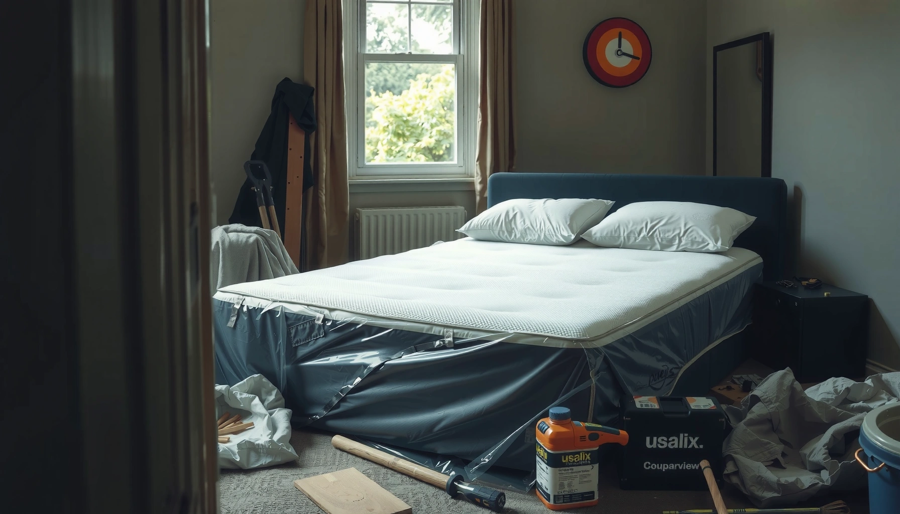 Wool mattress covered to protect from bed bugs during renovation process