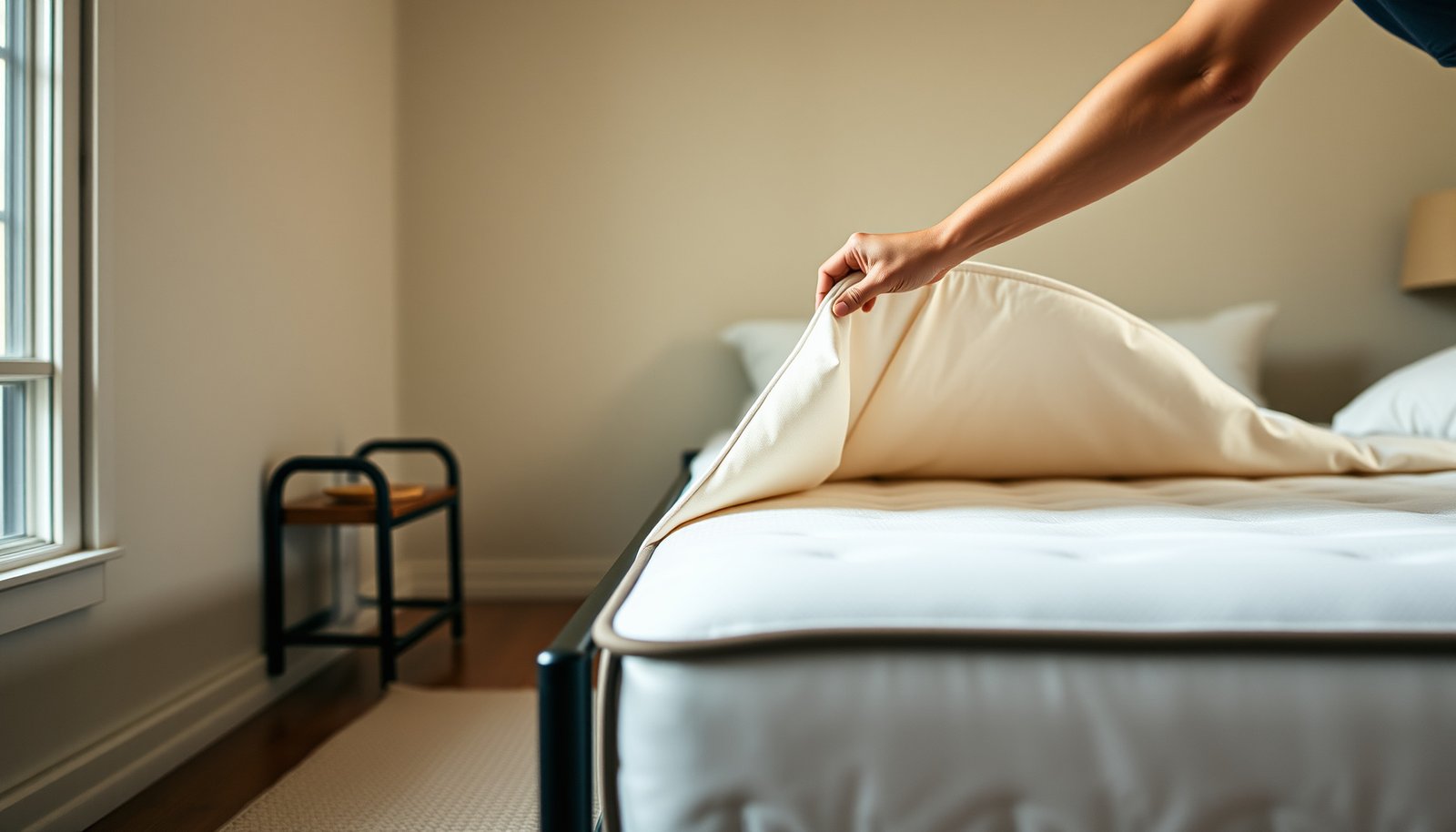 A wool mattress covered with a protective layer to prevent dust in a vacation home