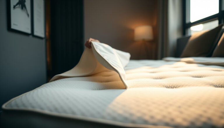 A traveler covering a wool mattress to protect it from dust mites while on the road.