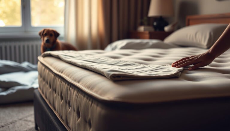 A wool mattress protected with a cover, demonstrating tips to prevent pet accidents.