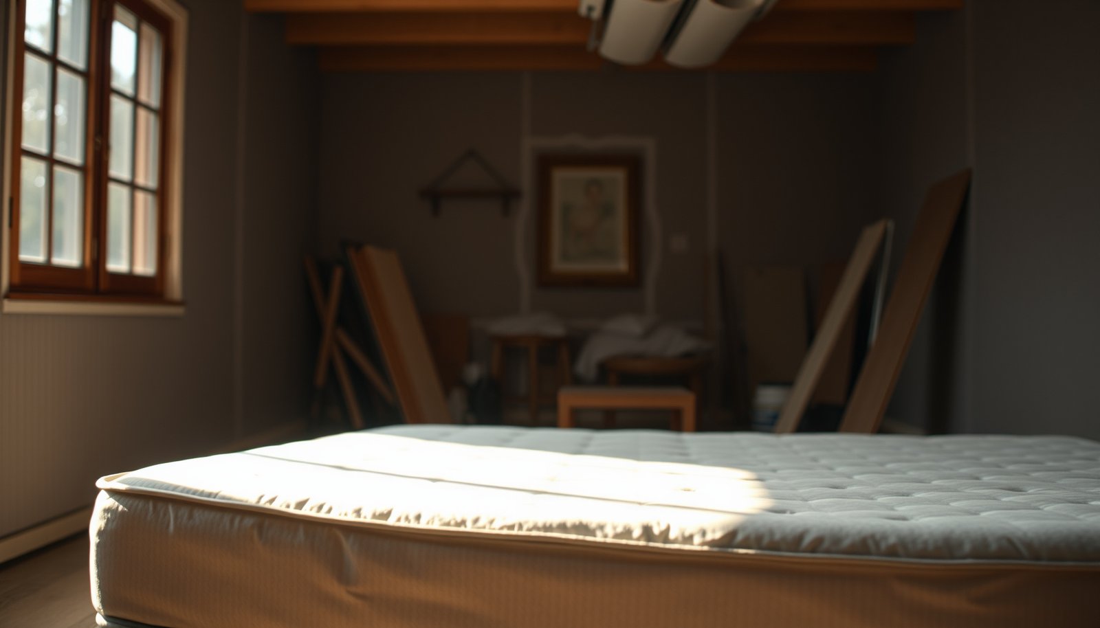 A wool mattress covered to protect against pet dander during home renovation.