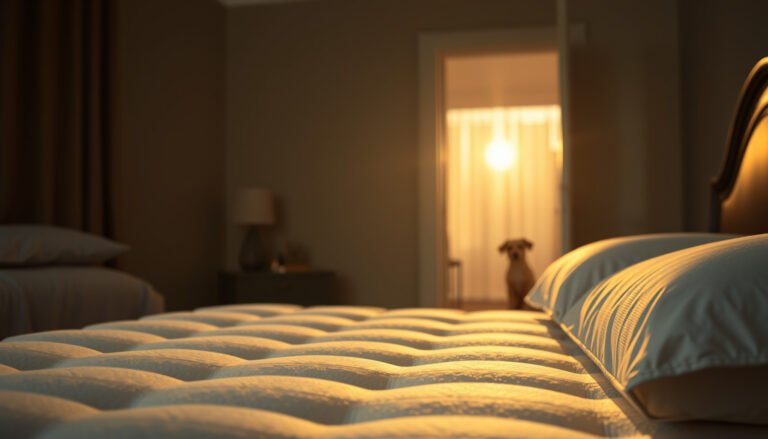 A wool mattress protected with a cover in a guest room to prevent pet accidents.