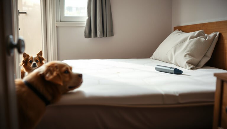 A wool mattress in a dorm room protected from pet dander with a cover and cleaning supplies.