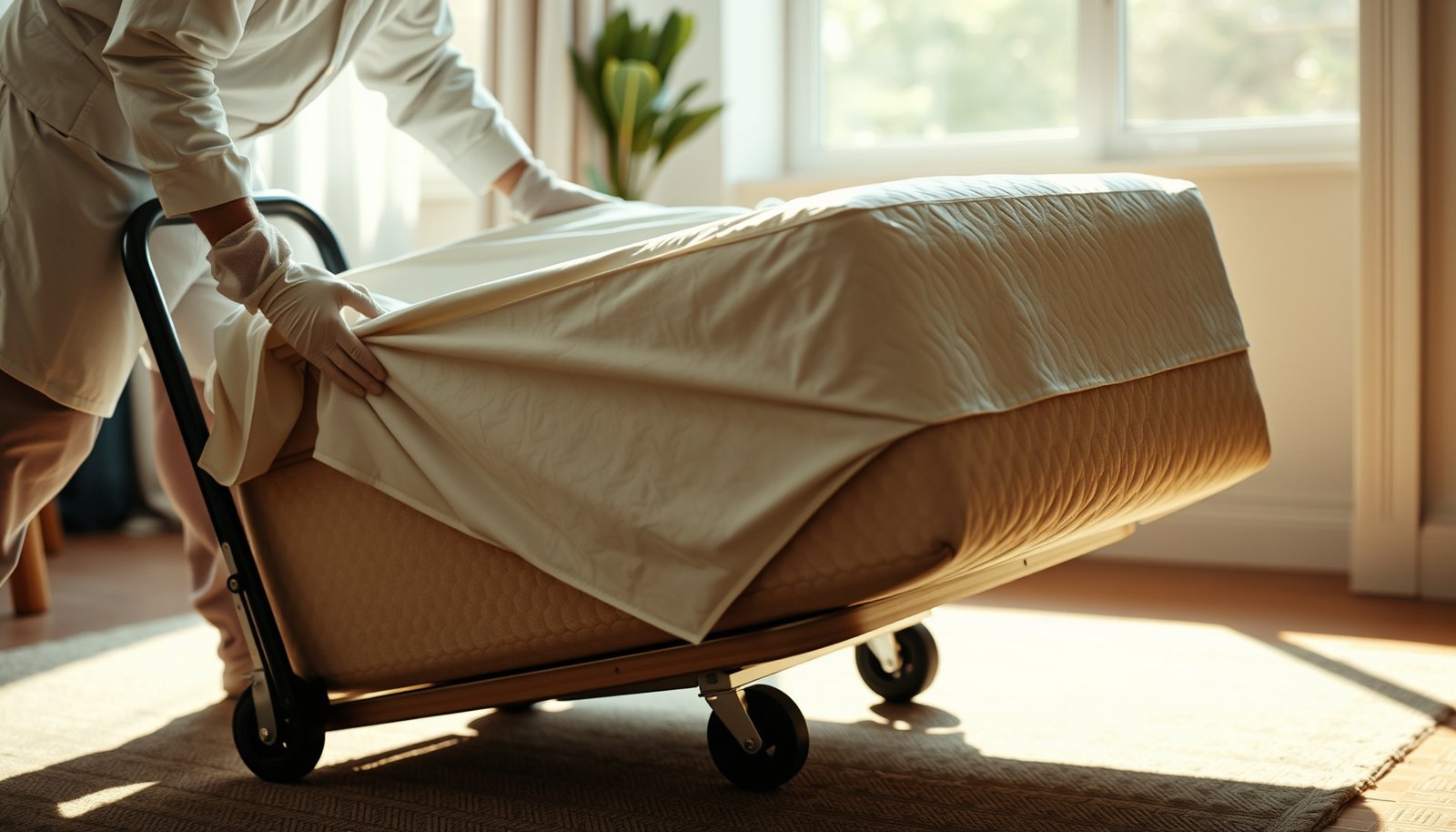 A wool mattress covered to protect against pet dander during a move.