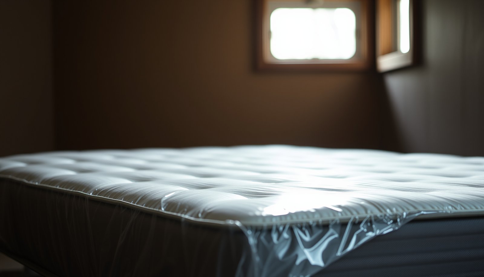 A wool mattress covered with protective material to prevent spills during storage.
