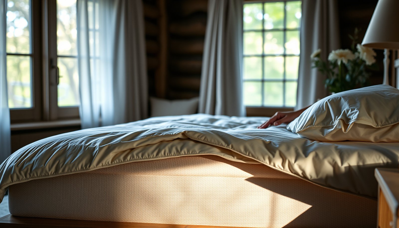 A wool mattress with protective cover in a vacation home setting to prevent spills.