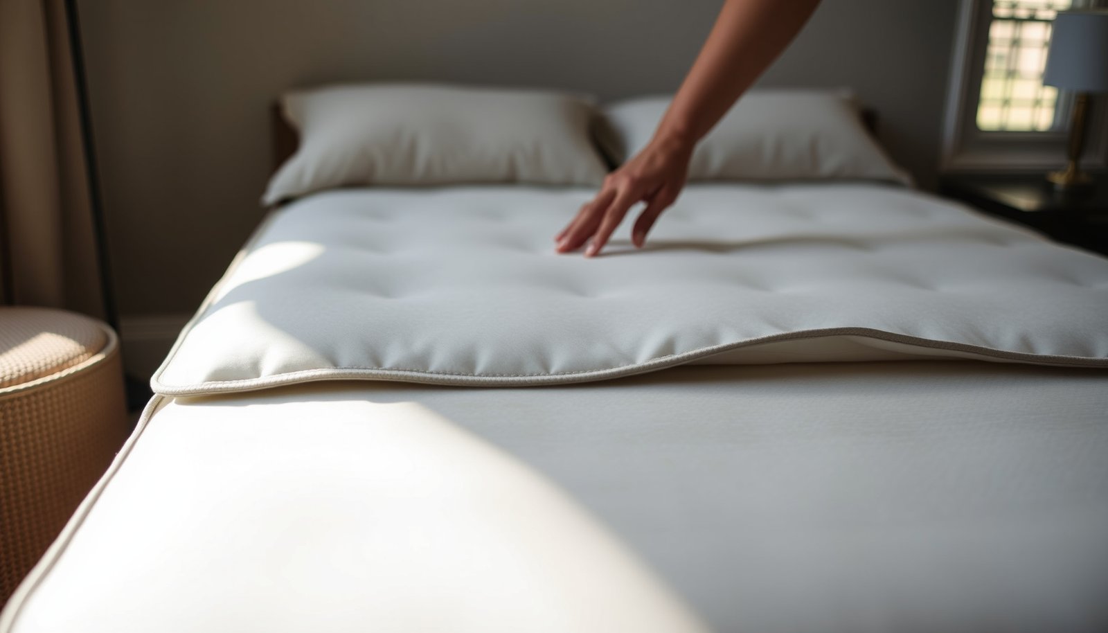 A wool mattress in a guest room with protective measures against spills.