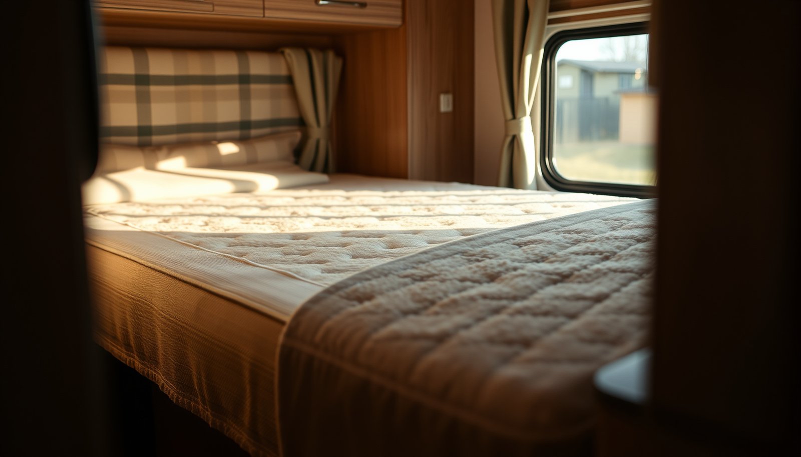 A wool mattress protected from spills in an RV with waterproof cover and care tips.