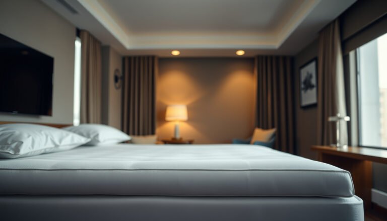 A traveler protects a wool mattress from allergens using a cover during a trip.