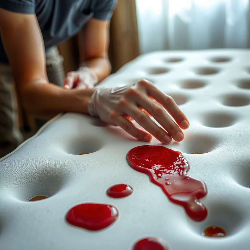 Step-by-step process of blotting blood stains from a memory foam mattress using cold water.