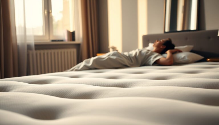 A person testing a plush mattress suitable for back sleepers with asthma.