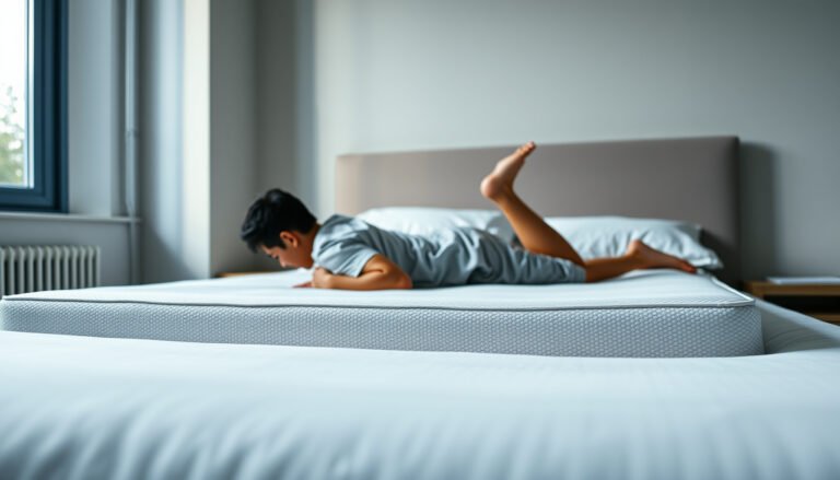 A person lying on a cotton mattress, demonstrating comfort for stomach sleepers with fibromyalgia.