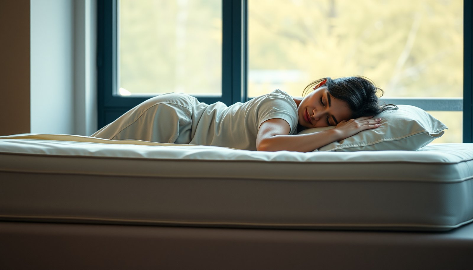 A side sleeper testing a firm mattress to alleviate joint pain.