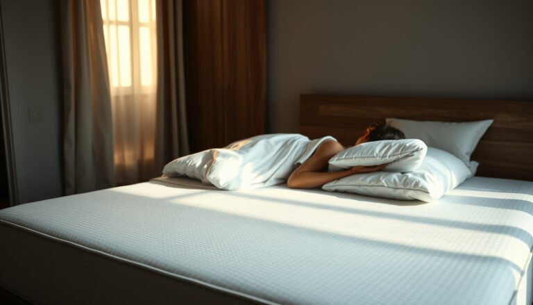 Back sleeper testing a memory foam mattress suitable for asthma relief