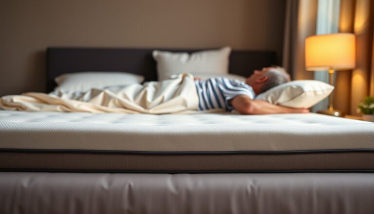 A senior examining a memory foam mattress for scoliosis support and comfort.