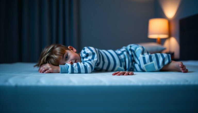 A child testing a memory foam mattress designed for kids with night sweats.