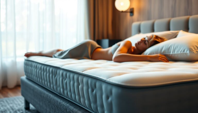 A side sleeper testing a plush mattress for comfort and support to alleviate sciatica pain.