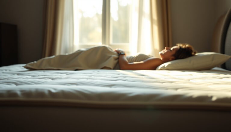 A side sleeper testing a plush mattress suitable for fibromyalgia relief.